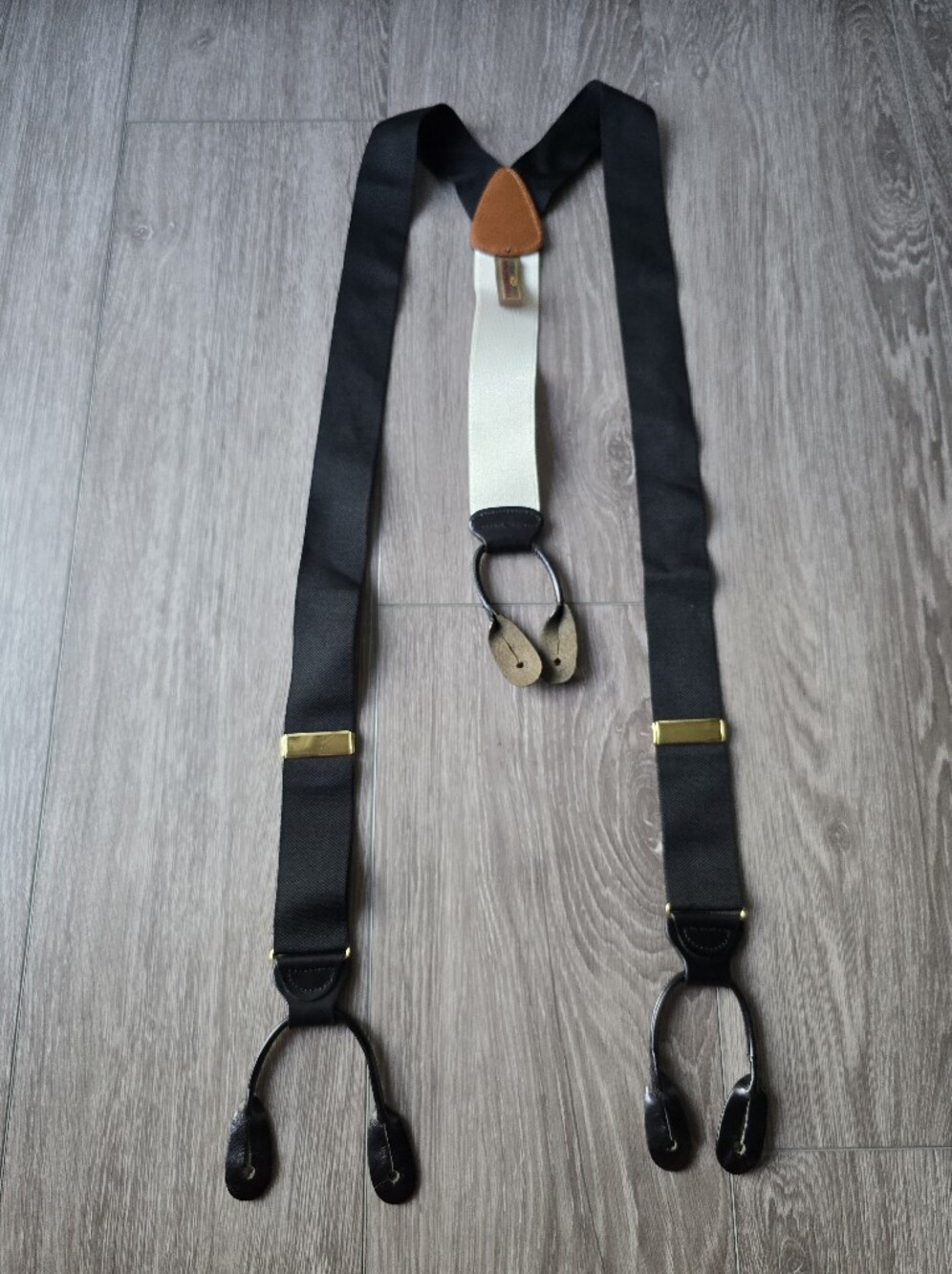 Trafalgar Suspenders Black Button End Braces Leather Trim Gold Made in England